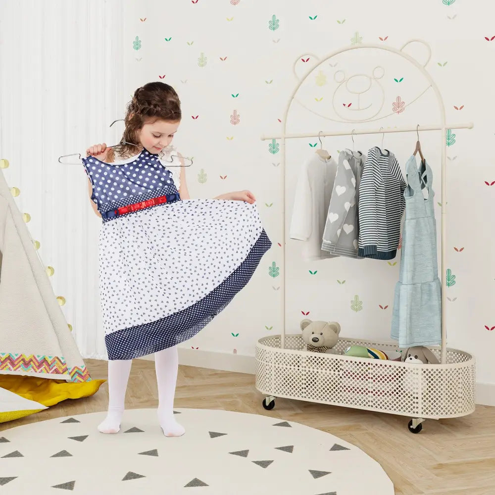 Kid Clothes Rack with 3 Adjustable Heights and Wheels-White - White - Kids Storage