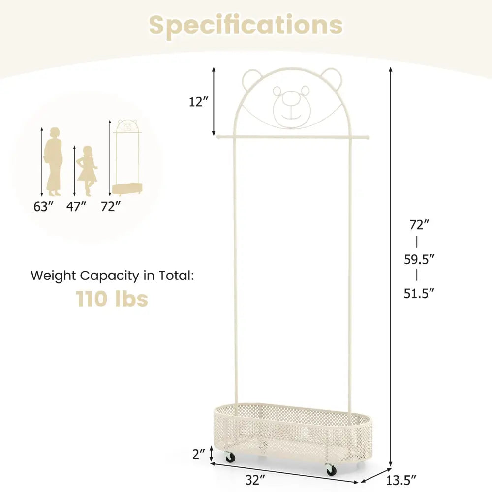 Kid Clothes Rack with 3 Adjustable Heights and Wheels-White - White - Kids Storage