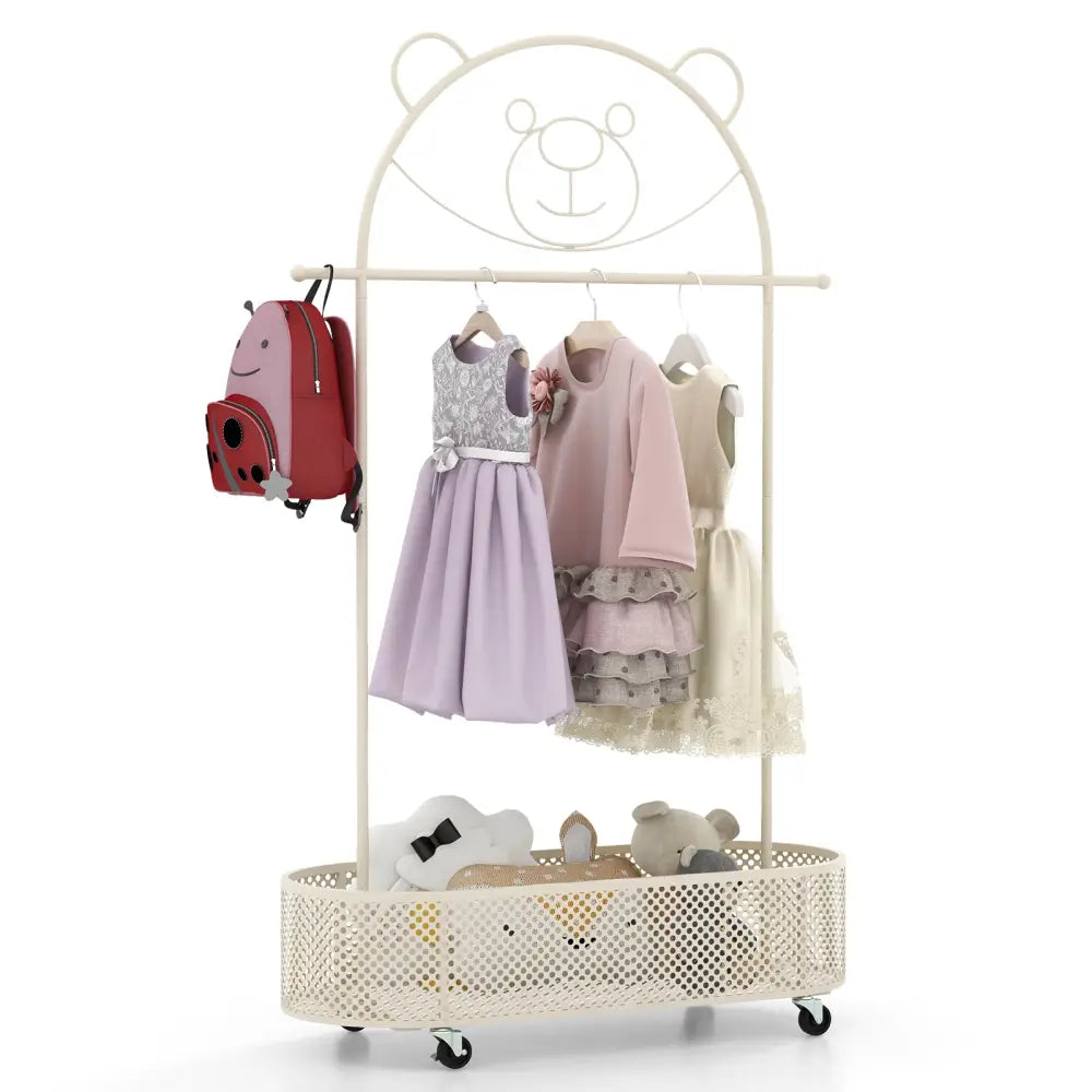 Kid Clothes Rack with 3 Adjustable Heights and Wheels-White - White - Kids Storage
