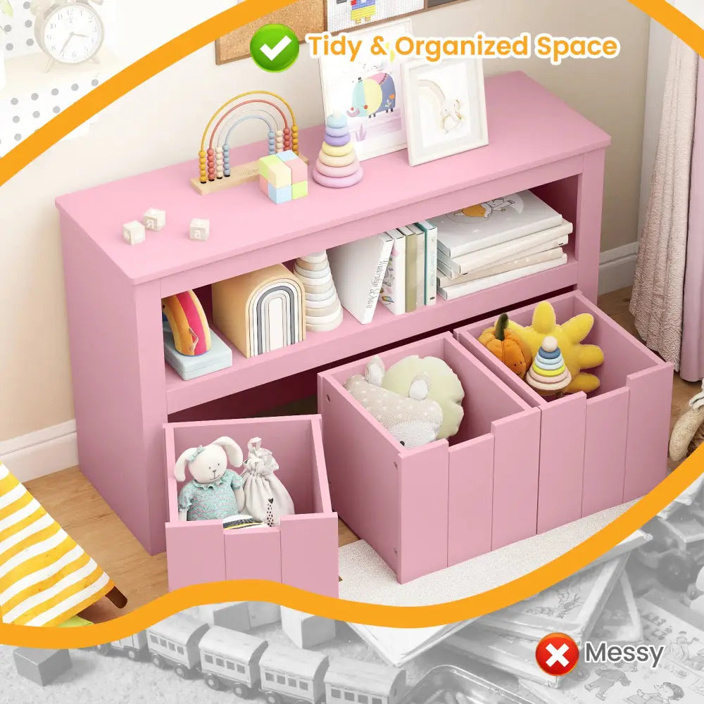 Kid Toy Storage Cabinet Drawer Chest with Wheels and Large Storage Cube Shelf-Pink - Pink - Kids Storage