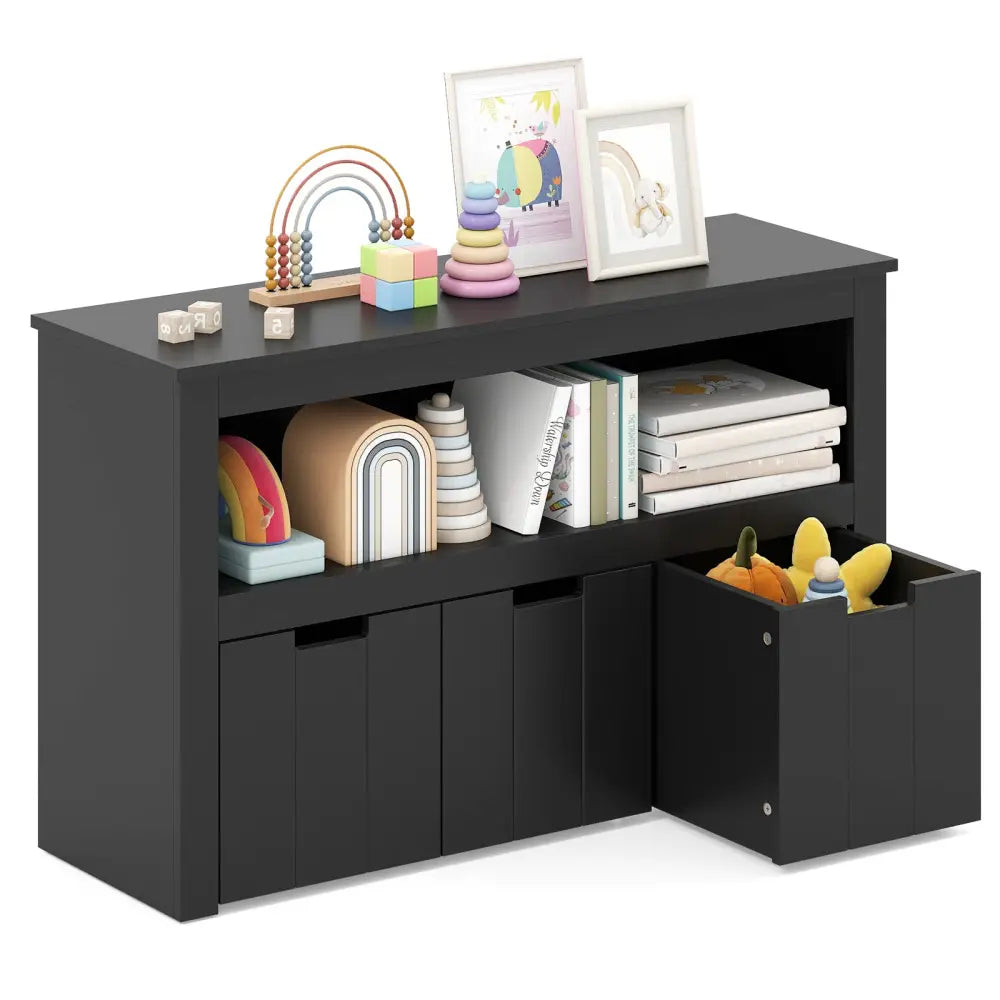 Kid Toy Storage Cabinet Drawer Chest with Wheels and Large Storage Cube Shelf-Black - Black - Kids Storage