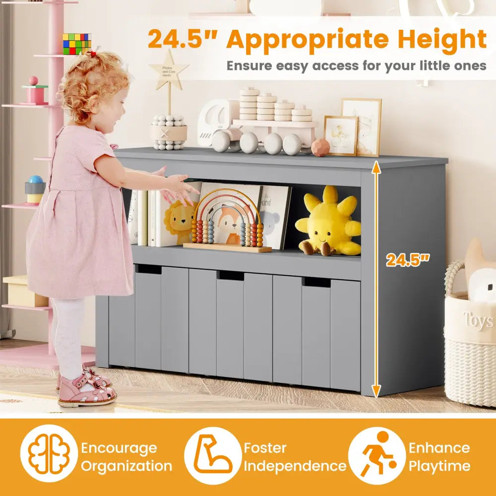 Kid Toy Storage Cabinet Drawer Chest with Wheels and Large Storage Cube Shelf-Gray - Gray - Kids Storage