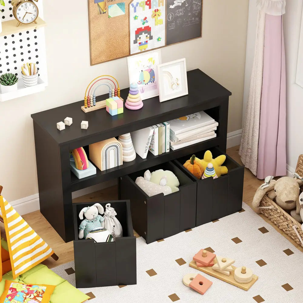 Kid Toy Storage Cabinet Drawer Chest with Wheels and Large Storage Cube Shelf-Black - Black - Kids Storage