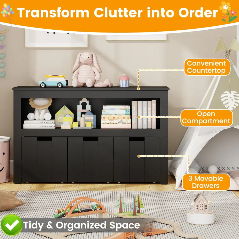 Kid Toy Storage Cabinet Drawer Chest with Wheels and Large Storage Cube Shelf-Black - Black - Kids Storage