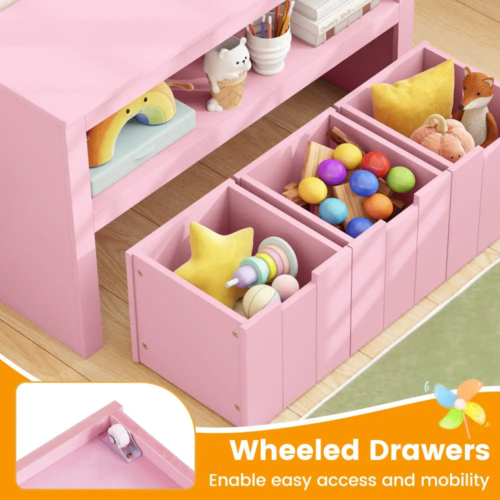 Kid Toy Storage Cabinet Drawer Chest with Wheels and Large Storage Cube Shelf-Pink - Pink - Kids Storage