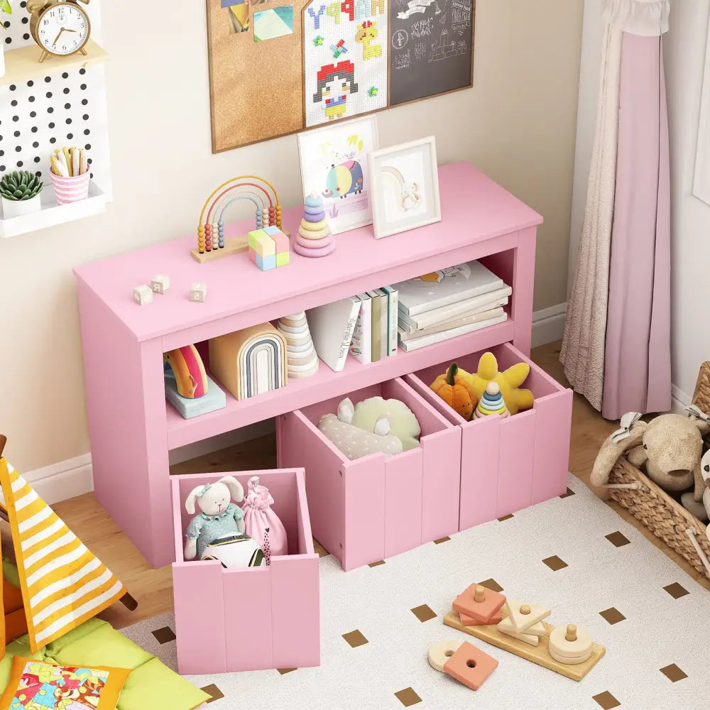 Kid Toy Storage Cabinet Drawer Chest with Wheels and Large Storage Cube Shelf-Pink - Pink - Kids Storage
