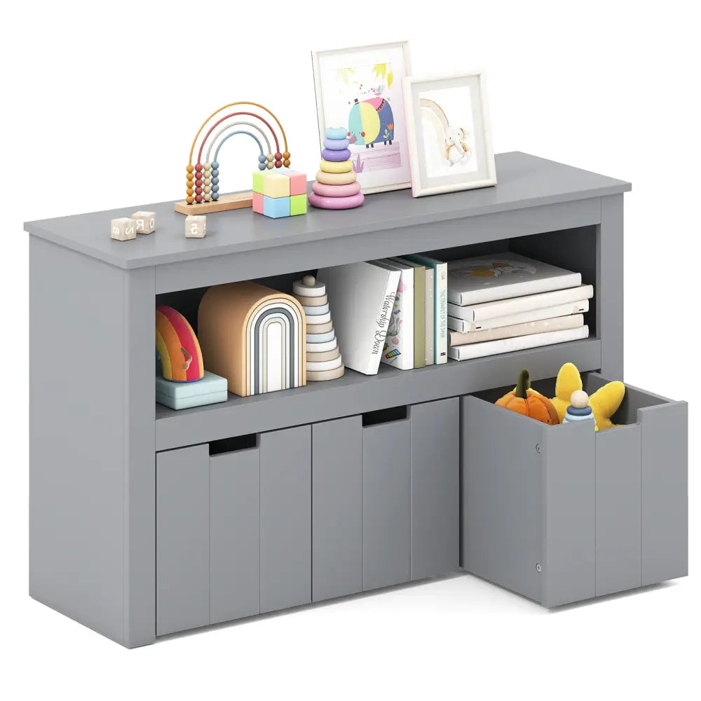 Kid Toy Storage Cabinet Drawer Chest with Wheels and Large Storage Cube Shelf-Gray - Gray - Kids Storage