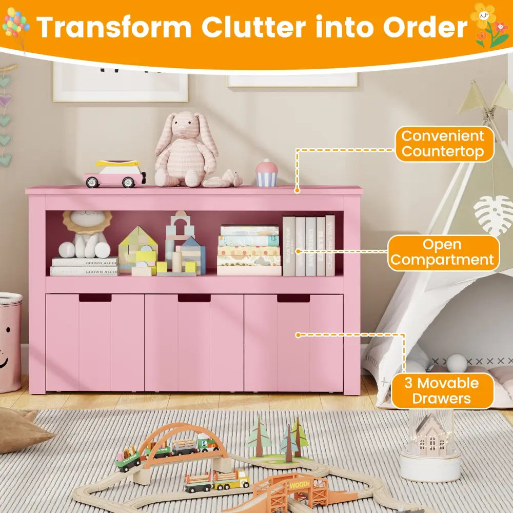 Kid Toy Storage Cabinet Drawer Chest with Wheels and Large Storage Cube Shelf-Pink - Pink - Kids Storage