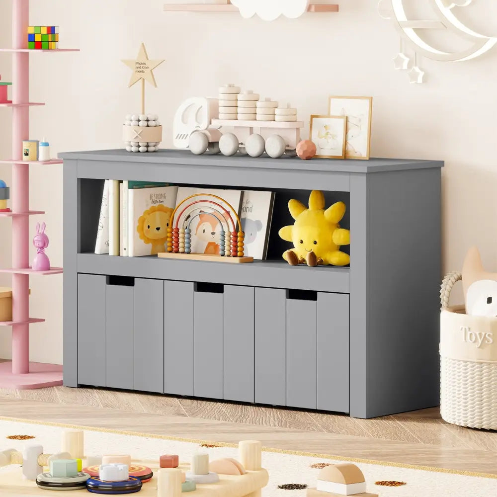 Kid Toy Storage Cabinet Drawer Chest with Wheels and Large Storage Cube Shelf-Gray - Gray - Kids Storage