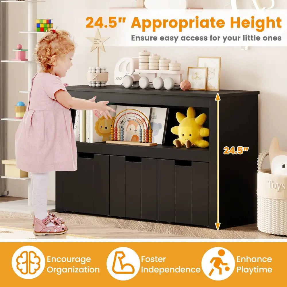 Kid Toy Storage Cabinet Drawer Chest with Wheels and Large Storage Cube Shelf-Black - Black - Kids Storage