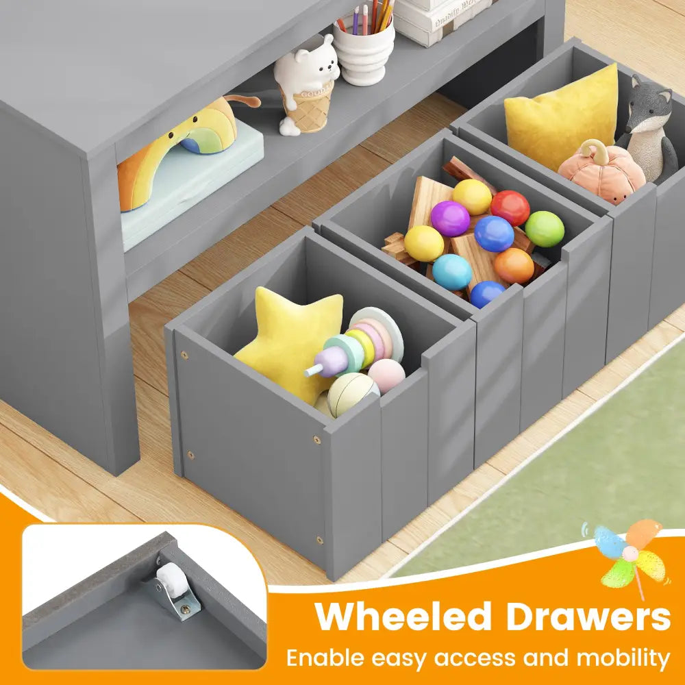 Kid Toy Storage Cabinet Drawer Chest with Wheels and Large Storage Cube Shelf-Gray - Gray - Kids Storage