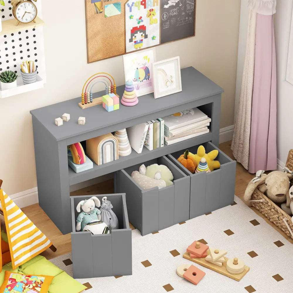 Kid Toy Storage Cabinet Drawer Chest with Wheels and Large Storage Cube Shelf-Gray - Gray - Kids Storage