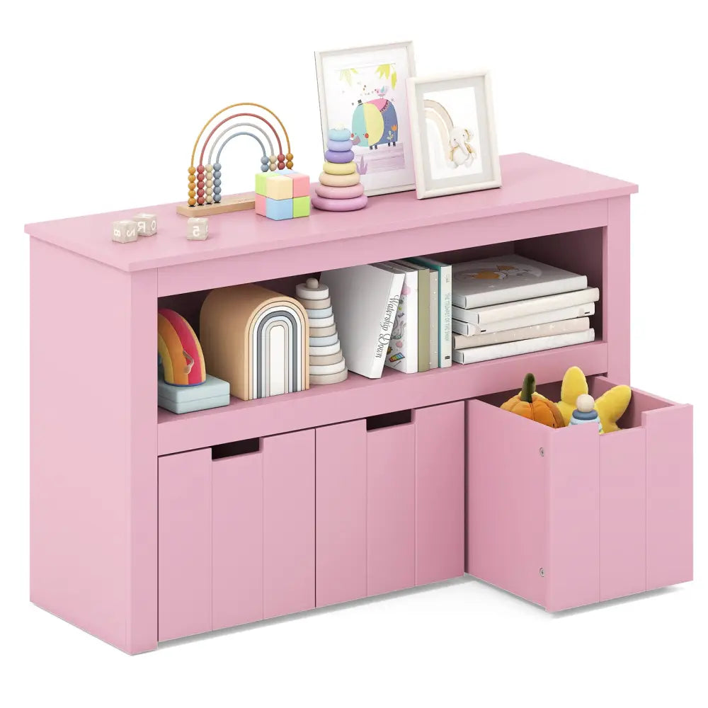 Kid Toy Storage Cabinet Drawer Chest with Wheels and Large Storage Cube Shelf-Pink - Pink - Kids Storage