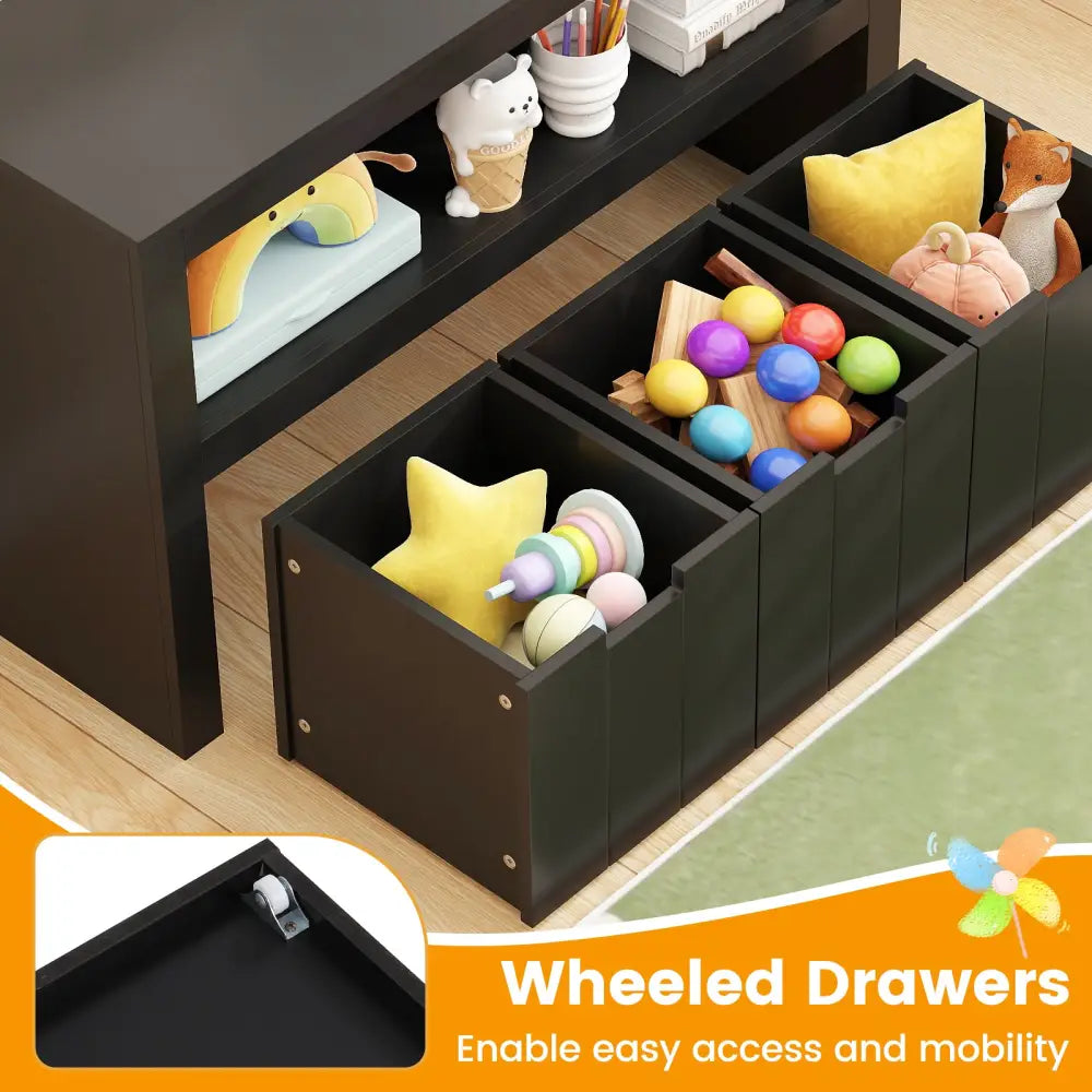 Kid Toy Storage Cabinet Drawer Chest with Wheels and Large Storage Cube Shelf-Black - Black - Kids Storage