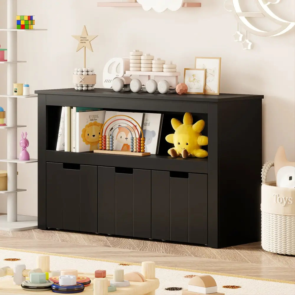 Kid Toy Storage Cabinet Drawer Chest with Wheels and Large Storage Cube Shelf-Black - Black - Kids Storage