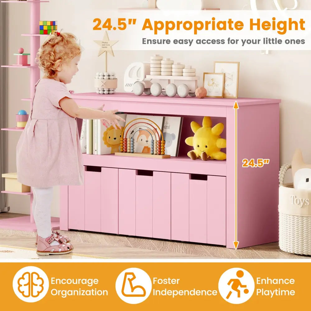 Kid Toy Storage Cabinet Drawer Chest with Wheels and Large Storage Cube Shelf-Pink - Pink - Kids Storage