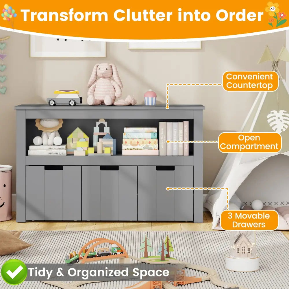 Kid Toy Storage Cabinet Drawer Chest with Wheels and Large Storage Cube Shelf-Gray - Gray - Kids Storage