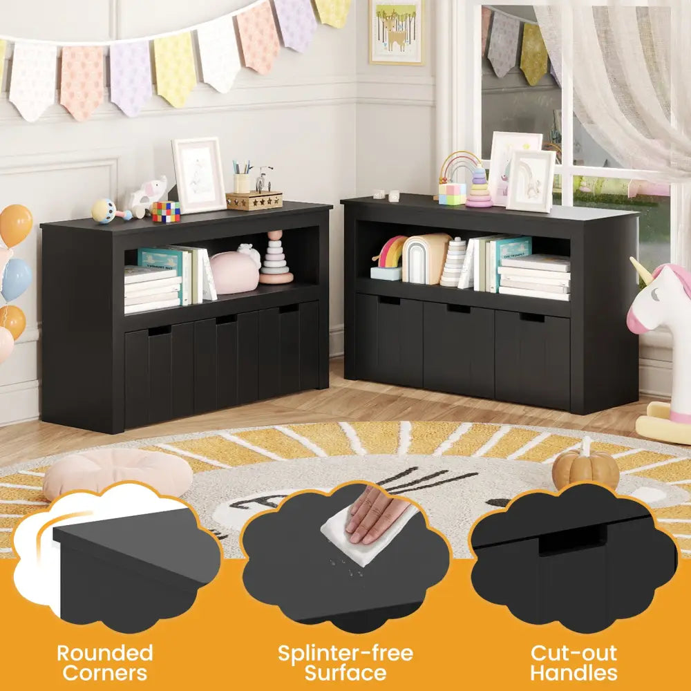 Kid Toy Storage Cabinet Drawer Chest with Wheels and Large Storage Cube Shelf-Black - Black - Kids Storage