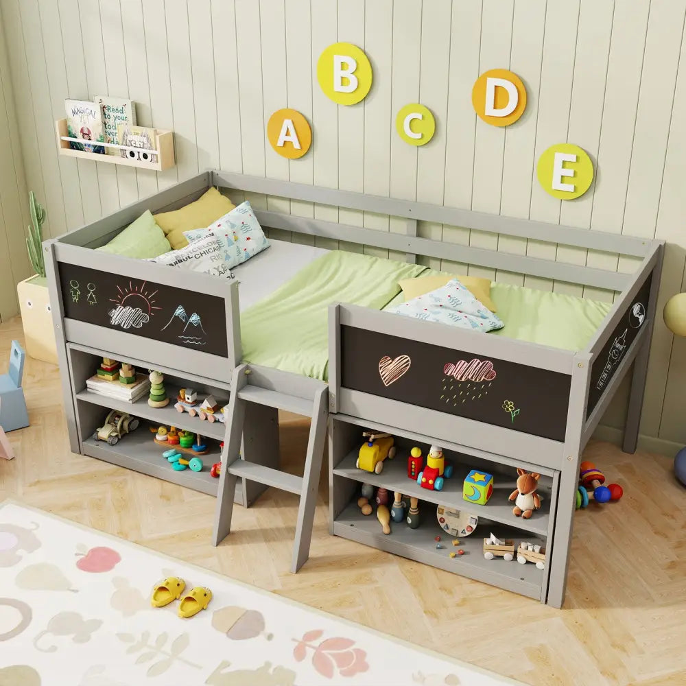 Kid Twin Size Low Loft Bed with Chalkboard Ramp Ladder and Bookcases-Gray - Gray - Toddler Beds