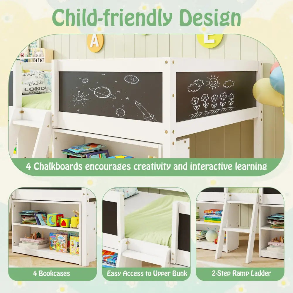 Kid Twin Size Low Loft Bed with Chalkboard Ramp Ladder and Bookcases-White - White - Toddler Beds