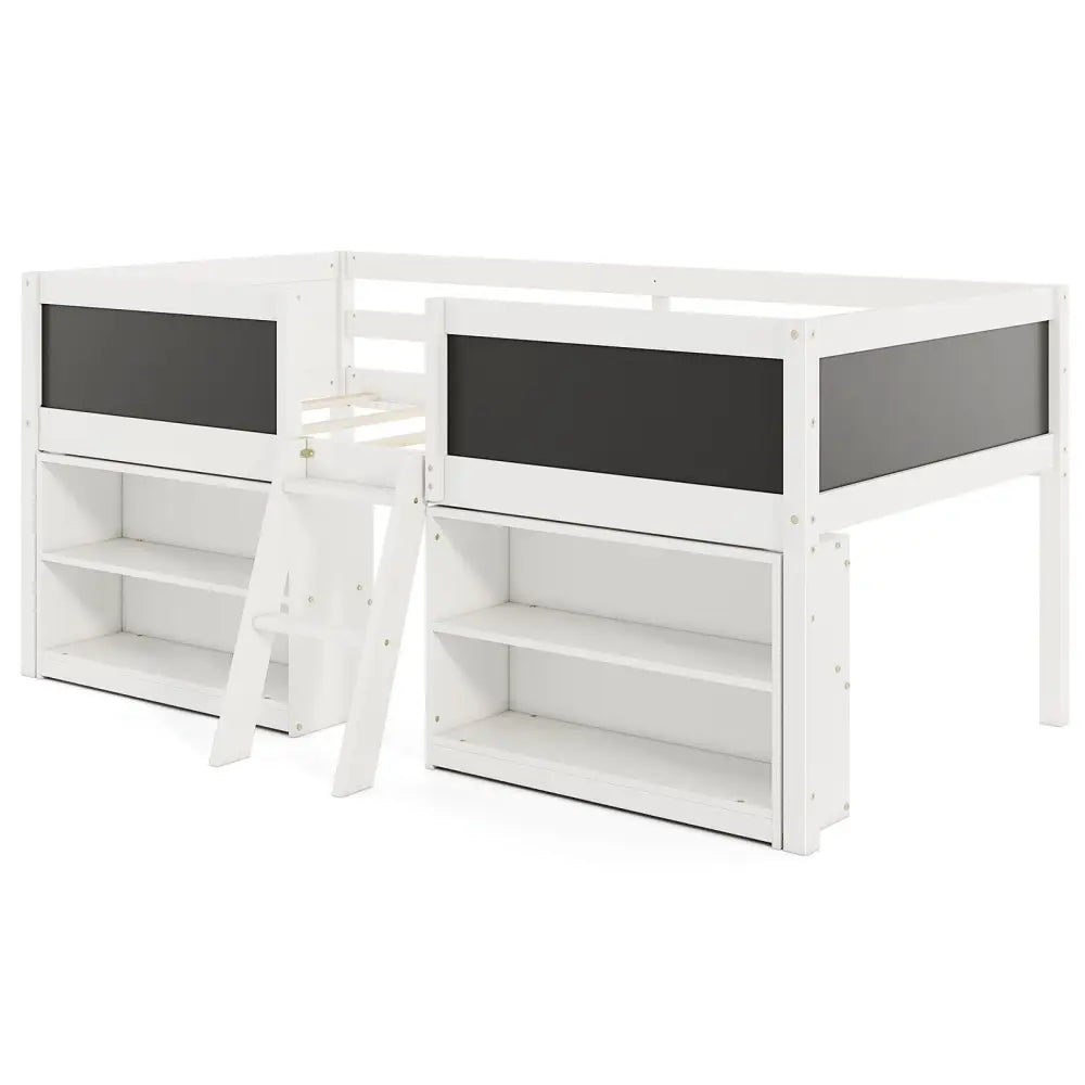 Kid Twin Size Low Loft Bed with Chalkboard Ramp Ladder and Bookcases-White - White - Toddler Beds