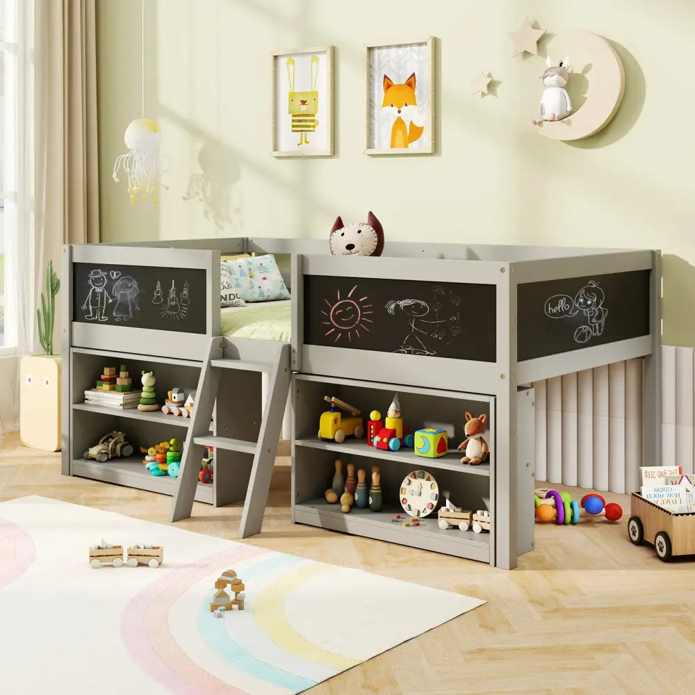 Kid Twin Size Low Loft Bed with Chalkboard Ramp Ladder and Bookcases-Gray - Gray - Toddler Beds