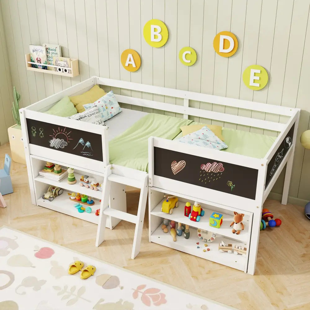 Kid Twin Size Low Loft Bed with Chalkboard Ramp Ladder and Bookcases-White - White - Toddler Beds