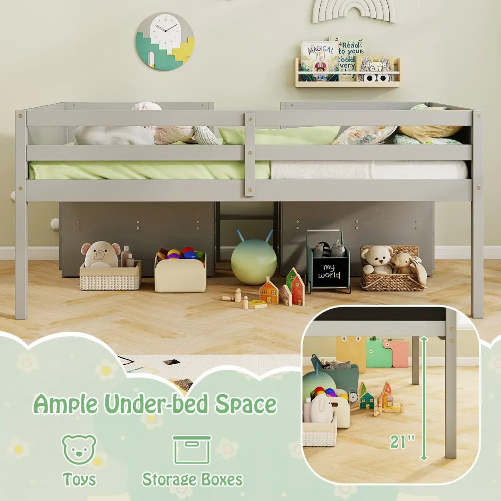 Kid Twin Size Low Loft Bed with Chalkboard Ramp Ladder and Bookcases-Gray - Gray - Toddler Beds