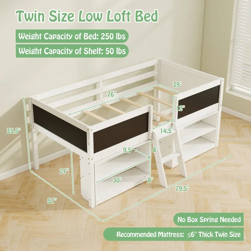 Kid Twin Size Low Loft Bed with Chalkboard Ramp Ladder and Bookcases-White - White - Toddler Beds
