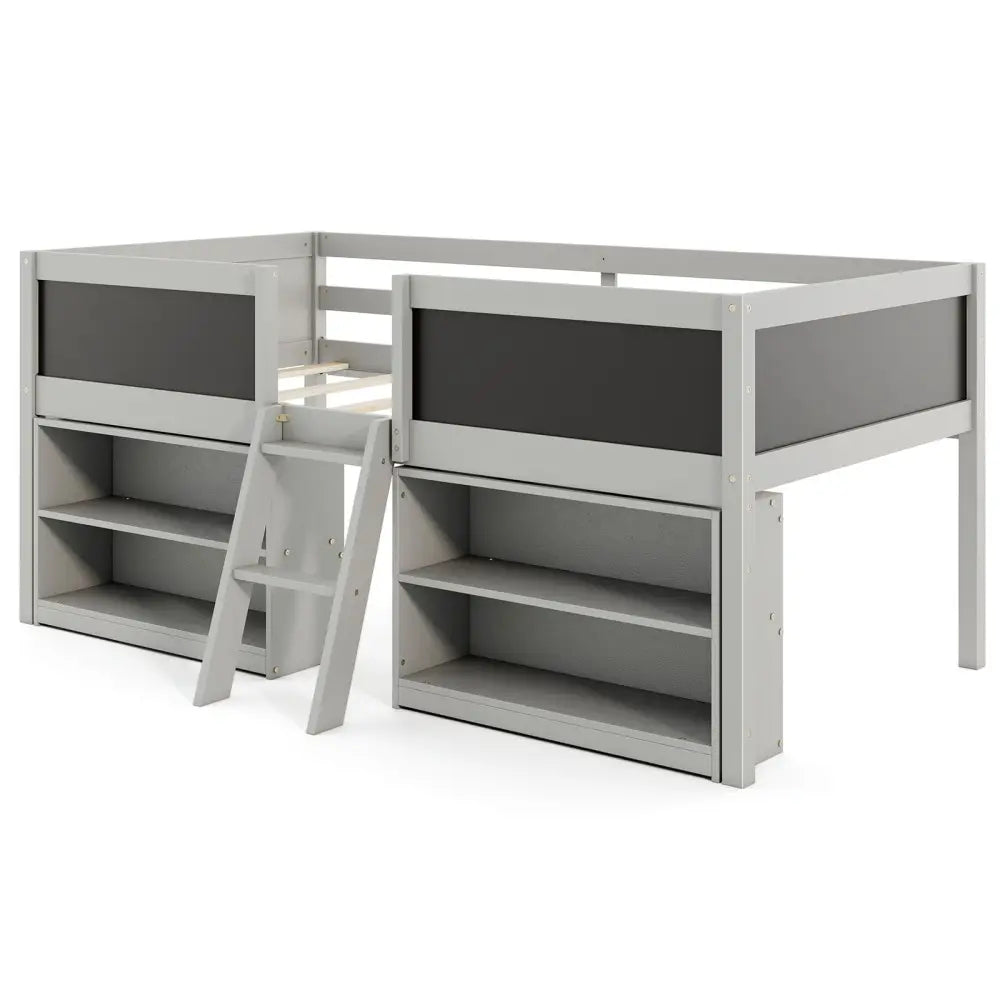 Kid Twin Size Low Loft Bed with Chalkboard Ramp Ladder and Bookcases-Gray - Gray - Toddler Beds
