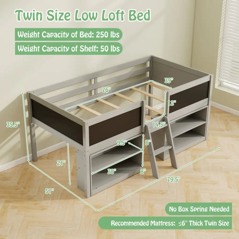 Kid Twin Size Low Loft Bed with Chalkboard Ramp Ladder and Bookcases-Gray - Gray - Toddler Beds