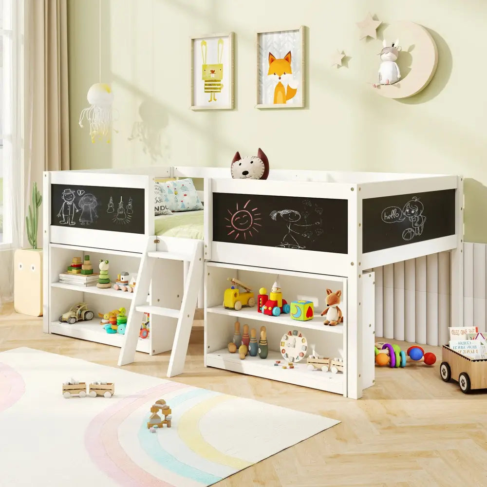 Kid Twin Size Low Loft Bed with Chalkboard Ramp Ladder and Bookcases-White - White - Toddler Beds