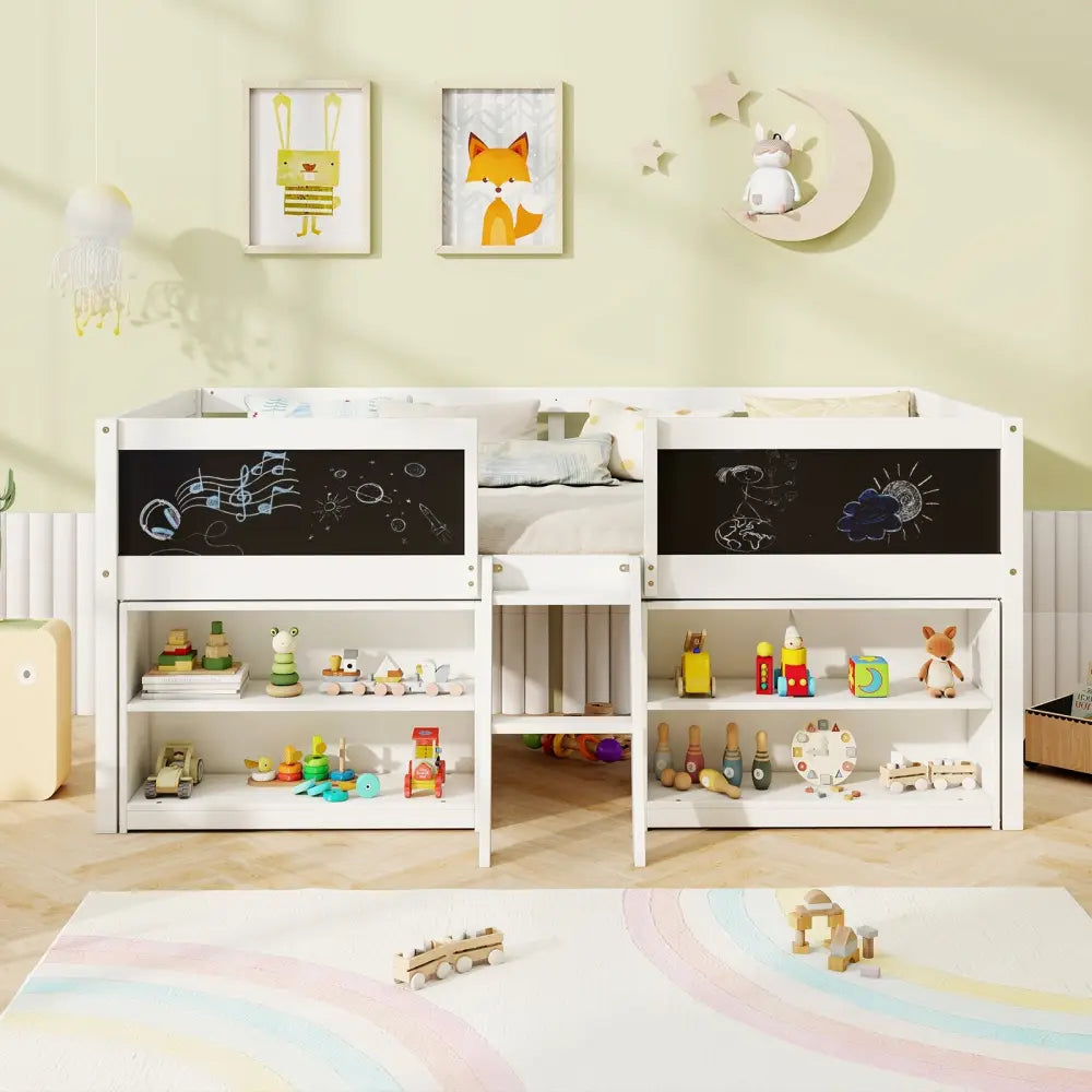 Kid Twin Size Low Loft Bed with Chalkboard Ramp Ladder and Bookcases-White - White - Toddler Beds