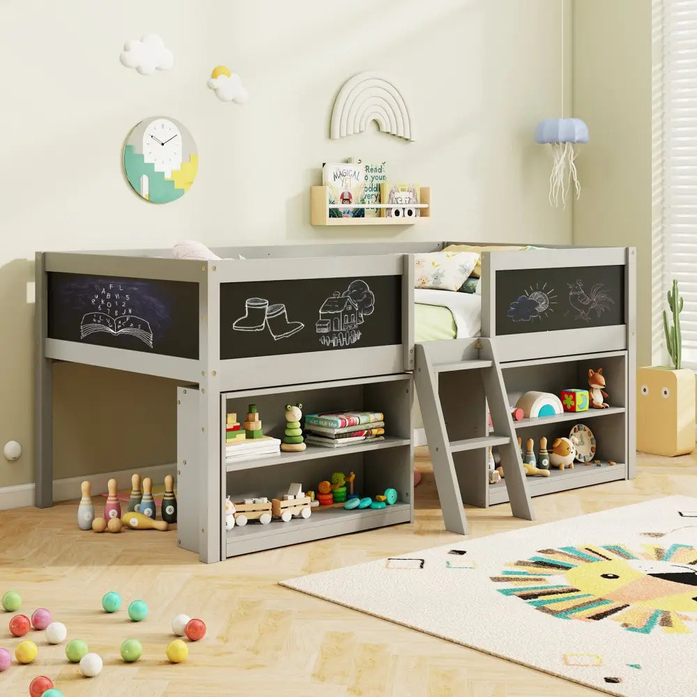 Kid Twin Size Low Loft Bed with Chalkboard Ramp Ladder and Bookcases-Gray - Gray - Toddler Beds