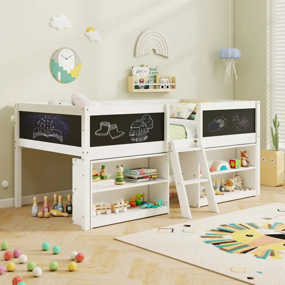 Kid Twin Size Low Loft Bed with Chalkboard Ramp Ladder and Bookcases-White - White - Toddler Beds
