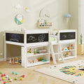 Kid Twin Size Low Loft Bed with Chalkboard Ramp Ladder and Bookcases-White - White - Toddler Beds