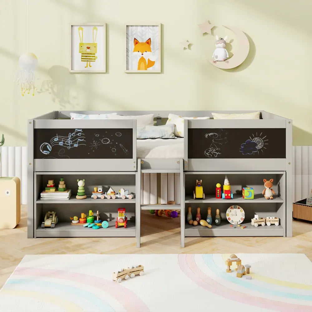 Kid Twin Size Low Loft Bed with Chalkboard Ramp Ladder and Bookcases-Gray - Gray - Toddler Beds
