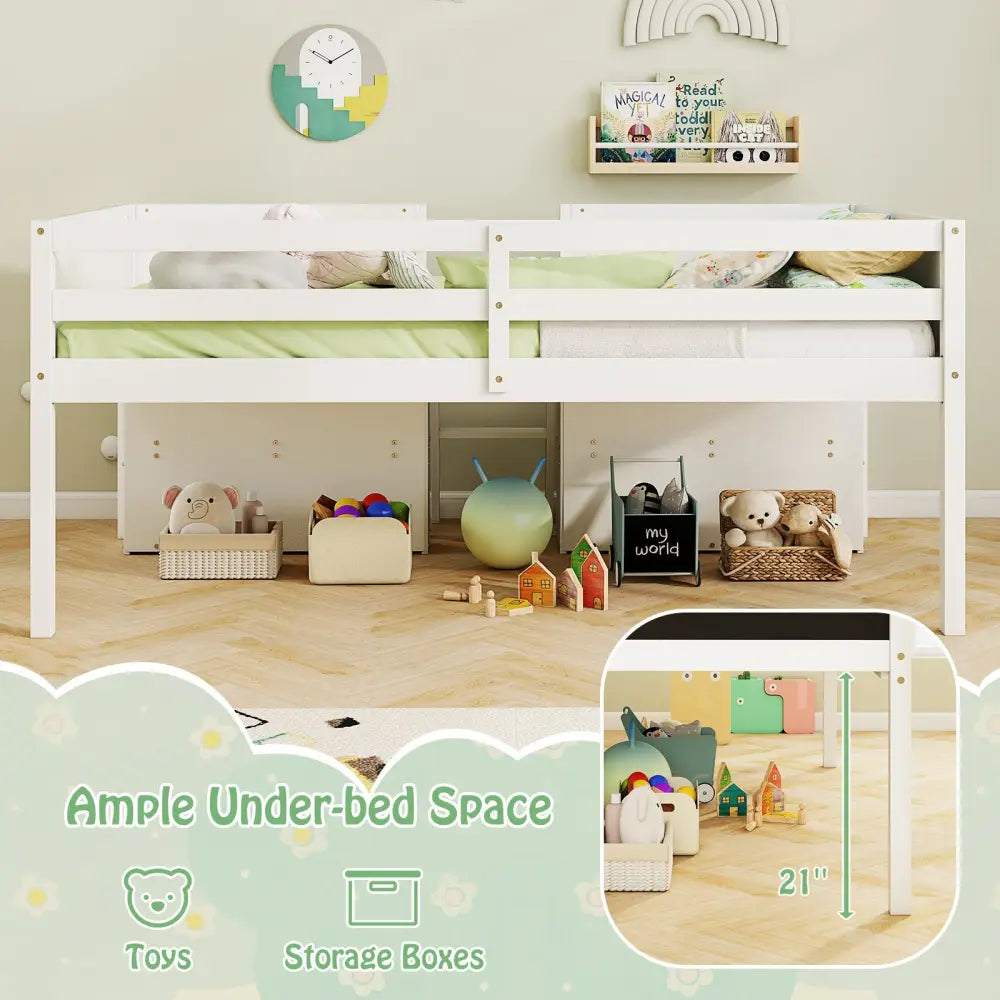 Kid Twin Size Low Loft Bed with Chalkboard Ramp Ladder and Bookcases-White - White - Toddler Beds