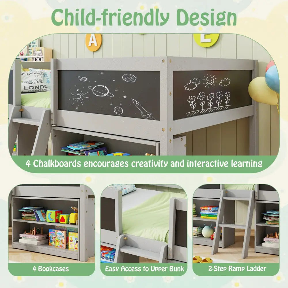 Kid Twin Size Low Loft Bed with Chalkboard Ramp Ladder and Bookcases-Gray - Gray - Toddler Beds