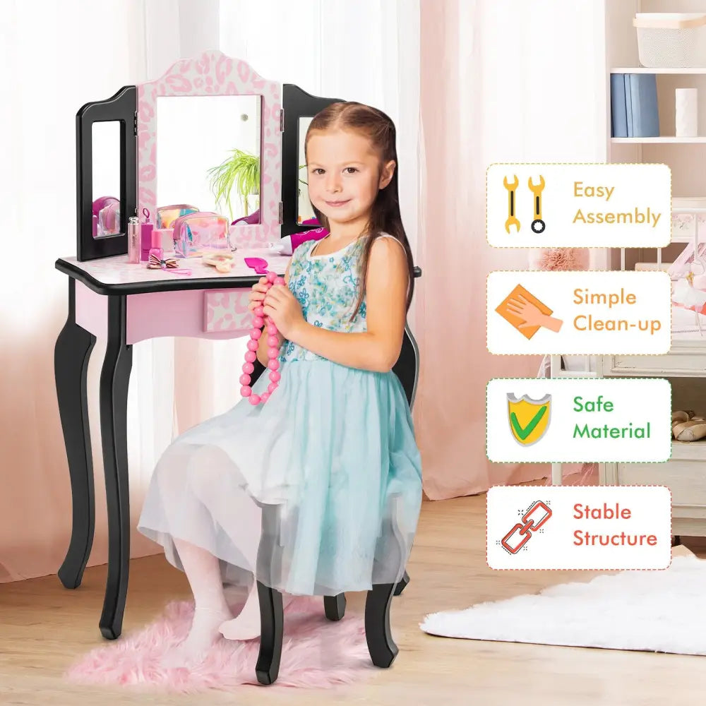 Kid Vanity Set with Tri-Folding Mirror and Leopard Print-Pink - Pink - Kids Vanities