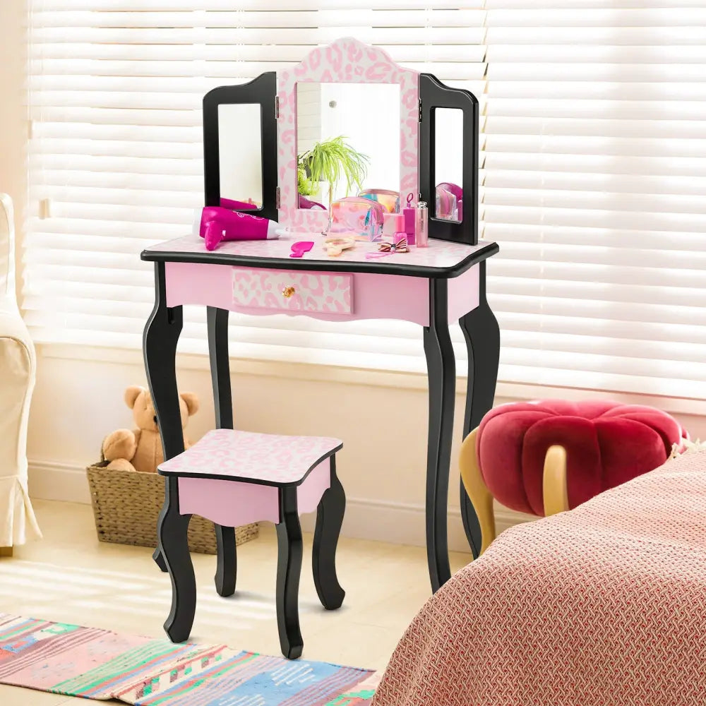 Kid Vanity Set with Tri-Folding Mirror and Leopard Print-Pink - Pink - Kids Vanities