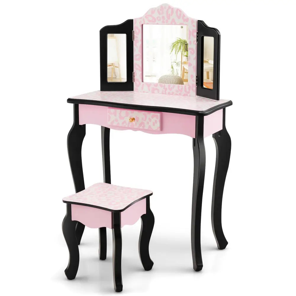 Kid Vanity Set with Tri-Folding Mirror and Leopard Print-Pink - Pink - Kids Vanities