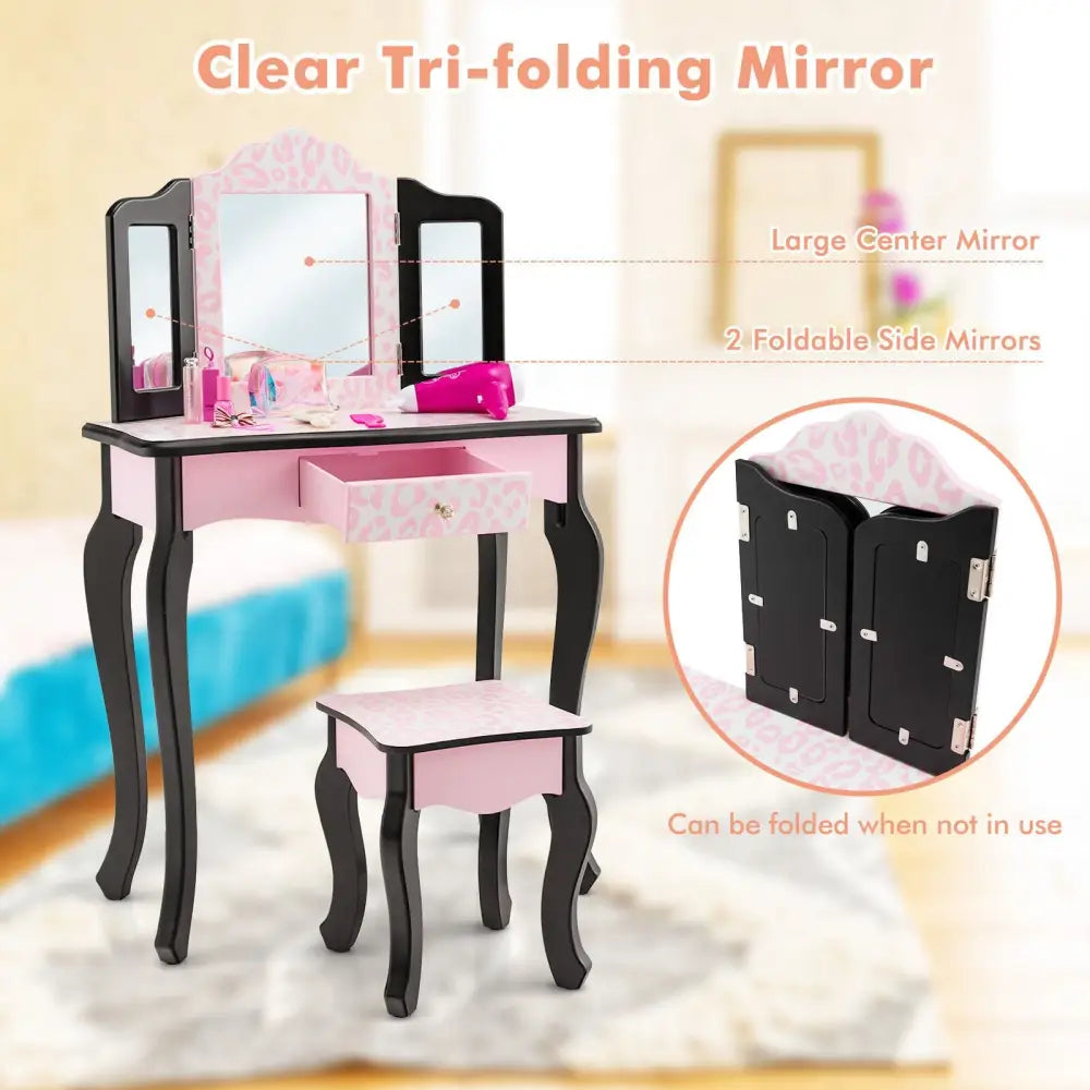 Kid Vanity Set with Tri-Folding Mirror and Leopard Print-Pink - Pink - Kids Vanities