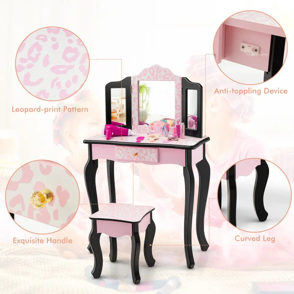 Kid Vanity Set with Tri-Folding Mirror and Leopard Print-Pink - Pink - Kids Vanities