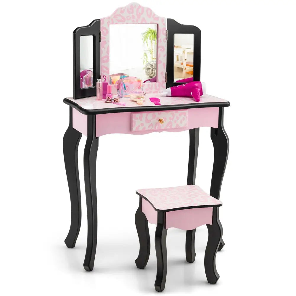 Kid Vanity Set with Tri-Folding Mirror and Leopard Print-Pink - Pink - Kids Vanities