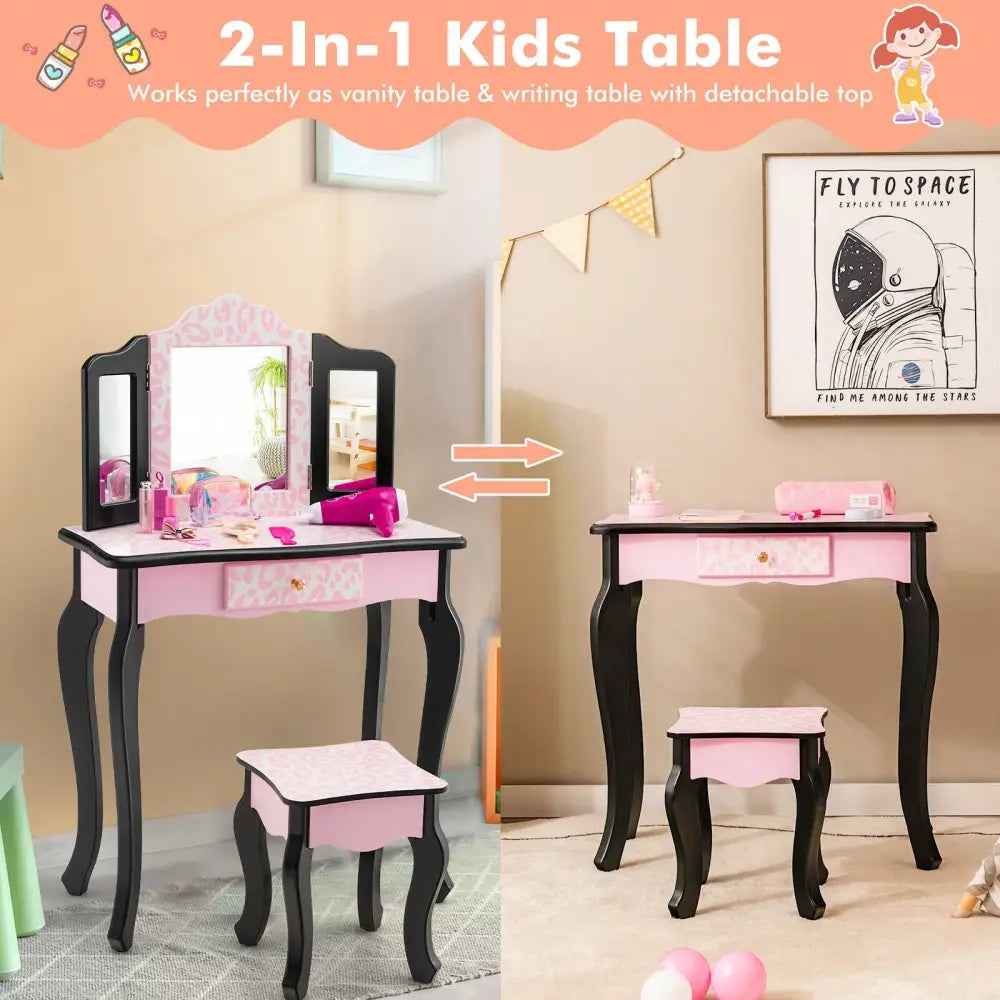 Kid Vanity Set with Tri-Folding Mirror and Leopard Print-Pink - Pink - Kids Vanities