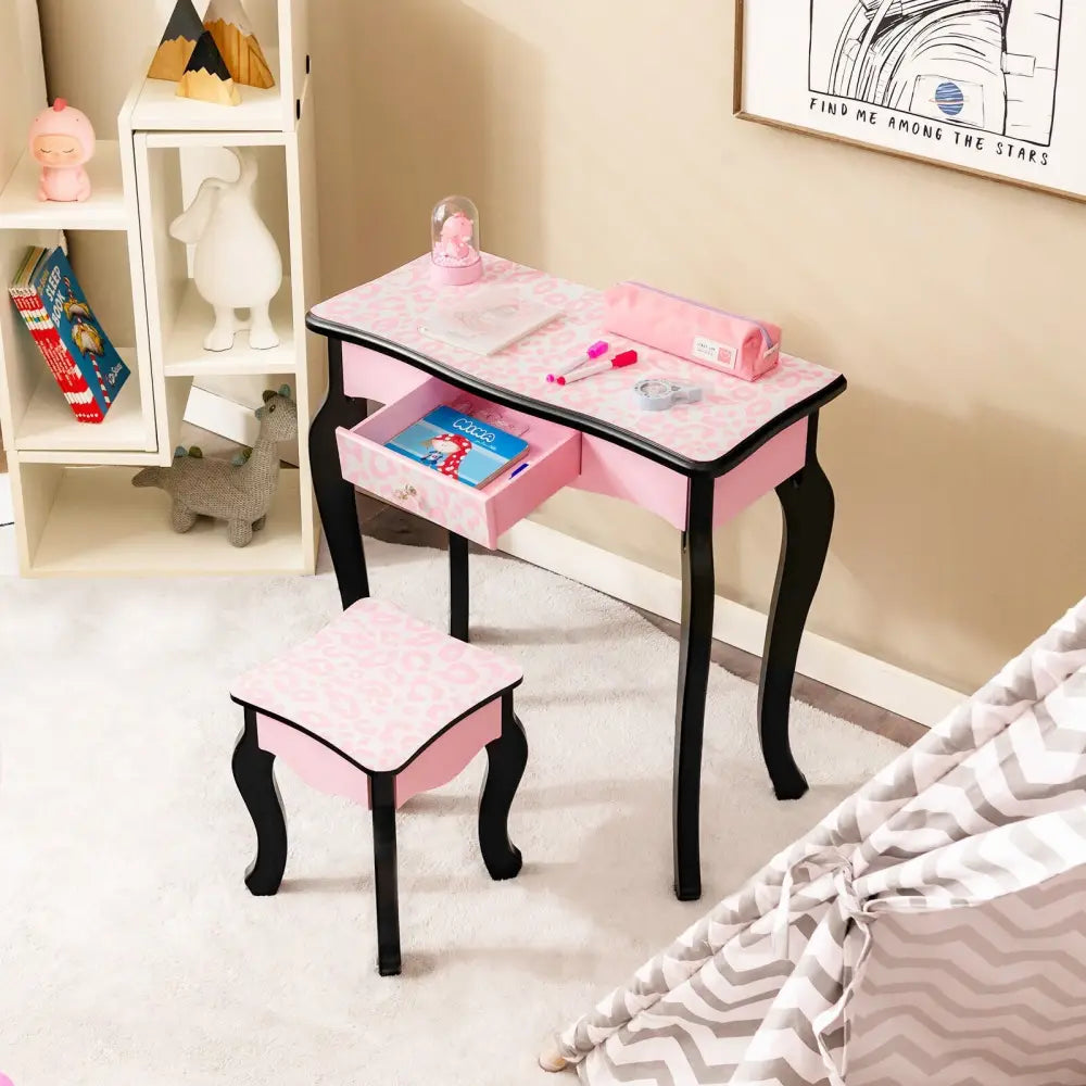 Kid Vanity Set with Tri-Folding Mirror and Leopard Print-Pink - Pink - Kids Vanities