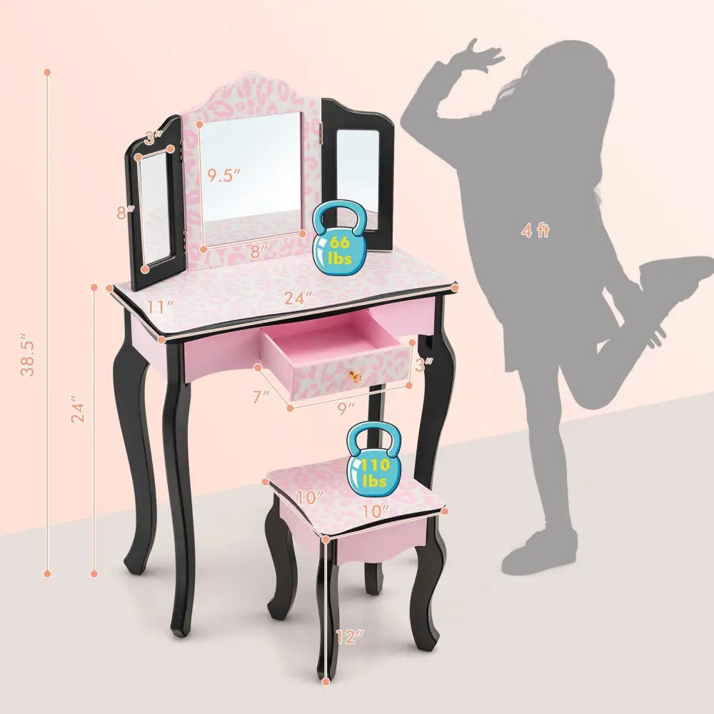 Kid Vanity Set with Tri-Folding Mirror and Leopard Print-Pink - Pink - Kids Vanities