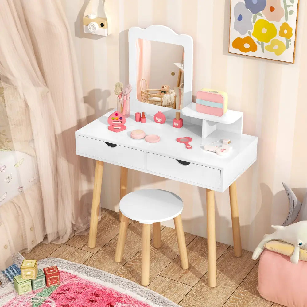 Kid Vanity Table Chair Set with Mirror and 2 Large Storage Drawers-White - White - Kids Vanities
