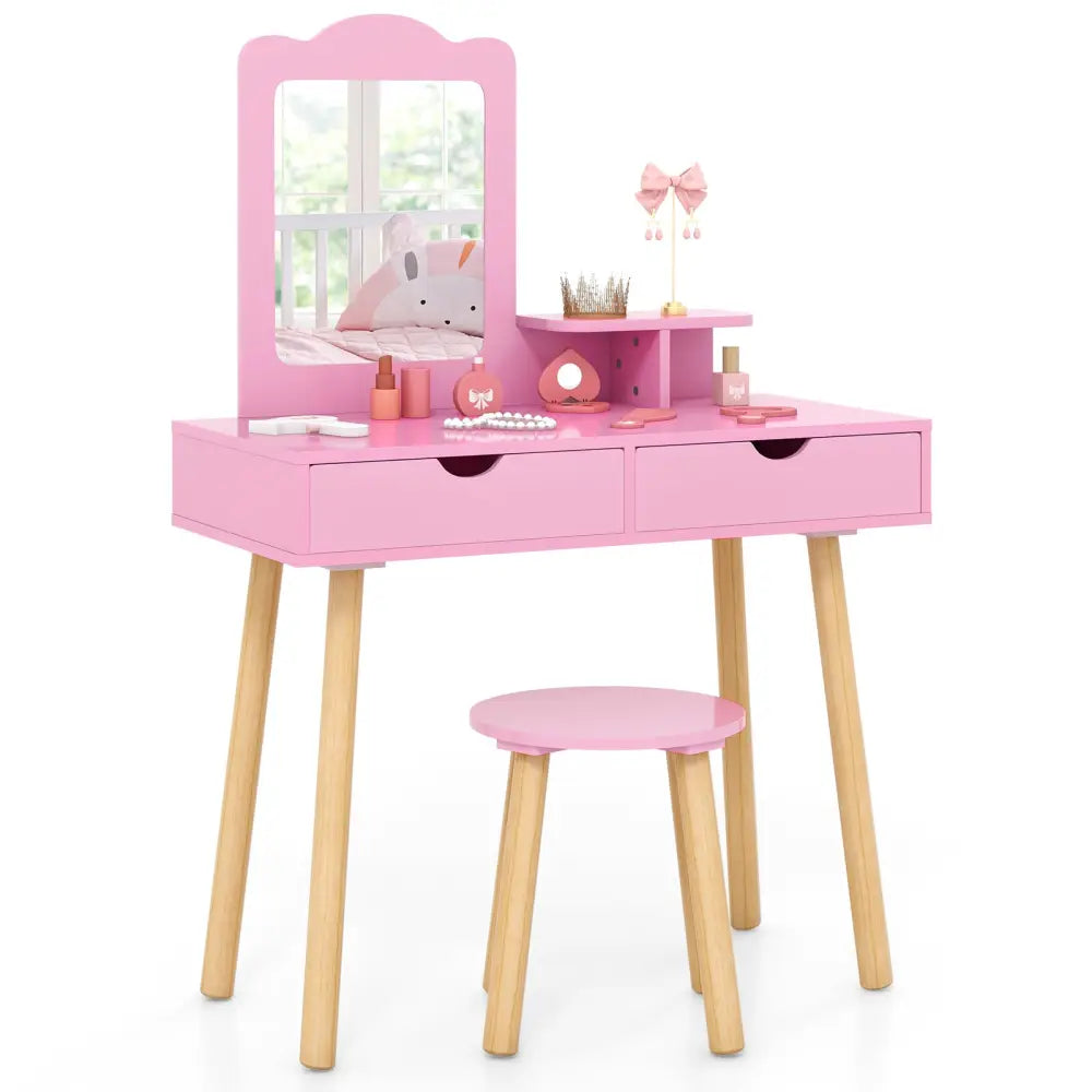 Kid Vanity Table Chair Set with Mirror and 2 Large Storage Drawers-Pink - Pink - Kids Vanities